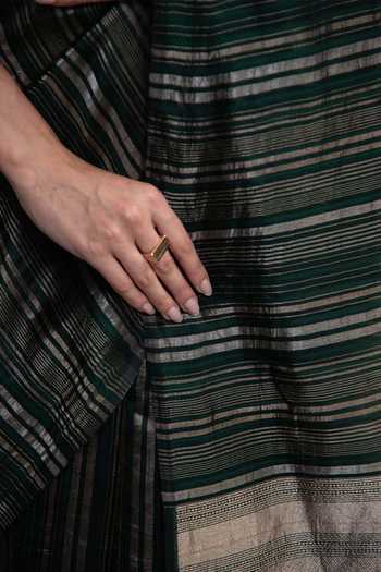 Sacred Weaves_Green Silk Stripe Handloom Banarasi Saree _Online_at_Aza_Fashions