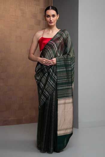 Sacred Weaves Stripe Silk Handloom Banarasi Saree 
