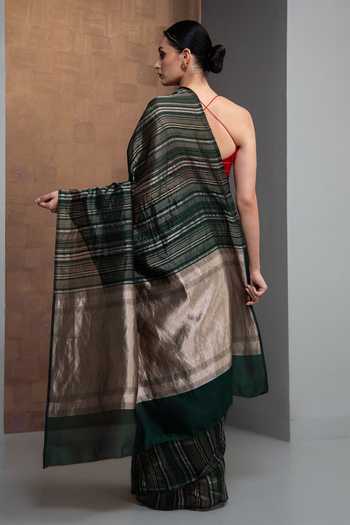 Sacred Weaves Stripe Silk Handloom Banarasi Saree 