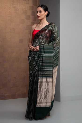 Shop_Sacred Weaves_Green Silk Stripe Handloom Banarasi Saree _Online_at_Aza_Fashions
