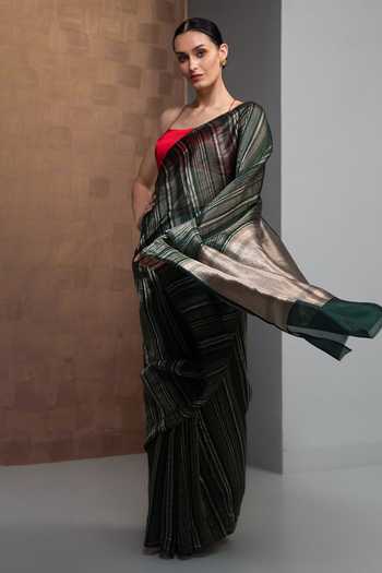 Sacred Weaves_Green Silk Stripe Handloom Banarasi Saree _at_Aza_Fashions