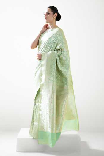 Sacred Weaves_Green Silk Floral Jaal Woven Saree _Online_at_Aza_Fashions