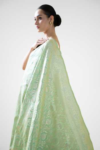 Buy_Sacred Weaves_Green Silk Floral Jaal Woven Saree _Online_at_Aza_Fashions