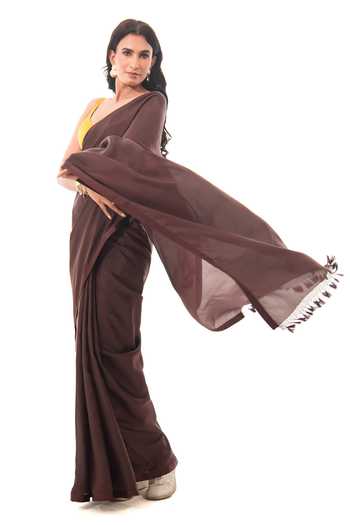 Buy_Sacred Weaves_Brown Silk Tassel Bordered Saree _Online_at_Aza_Fashions