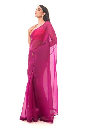 Sacred Weaves_Pink Silk, Organza Dark Magenta Handloom Saree _Online_at_Aza_Fashions