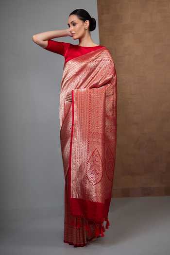 Shop_Sacred Weaves_Red Brocade Meenakari Woven Saree _Online_at_Aza_Fashions