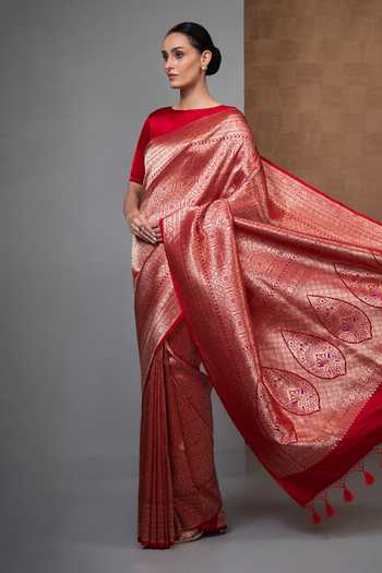 Sacred Weaves_Red Brocade Meenakari Woven Saree _at_Aza_Fashions