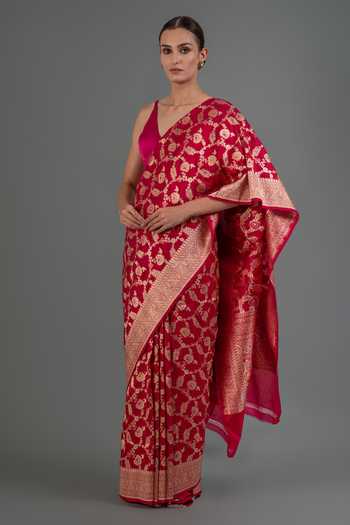 Buy_Sacred Weaves_Pink Silk Meenakari Floral Woven Saree _Online_at_Aza_Fashions