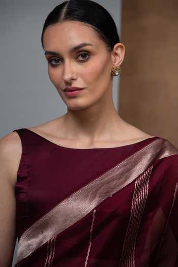 Sacred Weaves_Wine Silk Stripe Woven Saree _Online_at_Aza_Fashions