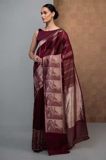 Buy_Sacred Weaves_Wine Silk Stripe Woven Saree _Online_at_Aza_Fashions
