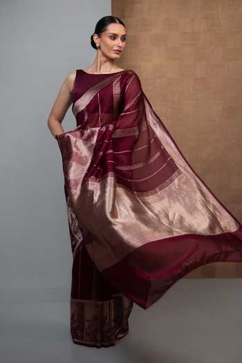 Shop_Sacred Weaves_Wine Silk Stripe Woven Saree _Online_at_Aza_Fashions