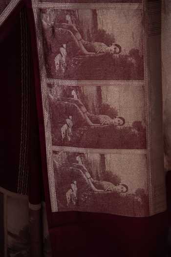 Buy_Sacred Weaves_Wine Silk Stripe Woven Saree 