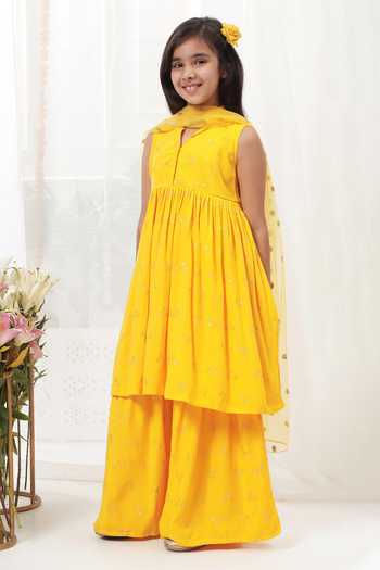 Little Bansi_Yellow Cotton Embroidered Kurta Sharara Set _Online_at_Aza_Fashions