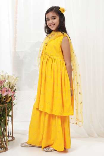 Buy_Little Bansi_Yellow Cotton Embroidered Kurta Sharara Set _Online_at_Aza_Fashions