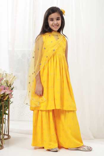 Little Bansi_Yellow Cotton Embroidered Kurta Sharara Set _at_Aza_Fashions