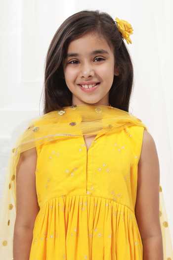 Buy_Little Bansi_Yellow Cotton Embroidered Kurta Sharara Set 