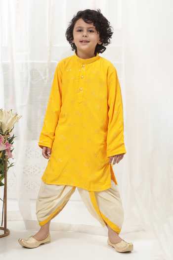 Little Bansi_Yellow Cotton Embroidery Kurta And Dhoti Pant Set _Online_at_Aza_Fashions