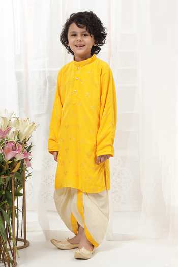 Buy_Little Bansi_Yellow Cotton Embroidery Kurta And Dhoti Pant Set _Online_at_Aza_Fashions