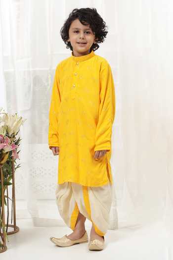 Shop_Little Bansi_Yellow Cotton Embroidery Kurta And Dhoti Pant Set _Online_at_Aza_Fashions