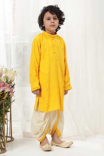 Little Bansi_Yellow Cotton Embroidery Kurta And Dhoti Pant Set _at_Aza_Fashions