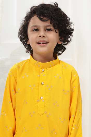 Shop_Little Bansi_Yellow Cotton Embroidery Kurta And Dhoti Pant Set 