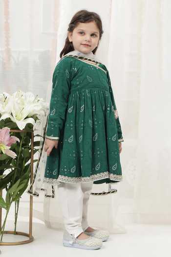 Little Bansi_Green Cotton Embroidered Kurta Set _Online_at_Aza_Fashions