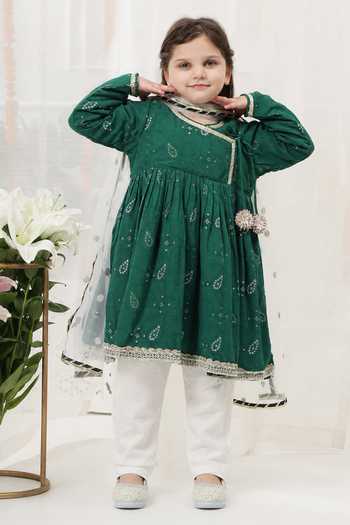 Buy_Little Bansi_Green Cotton Embroidered Kurta Set _Online_at_Aza_Fashions