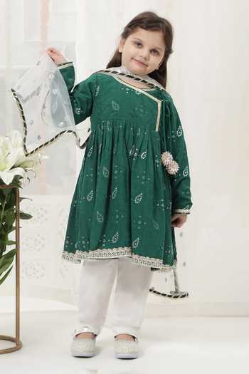Shop_Little Bansi_Green Cotton Embroidered Kurta Set _Online_at_Aza_Fashions