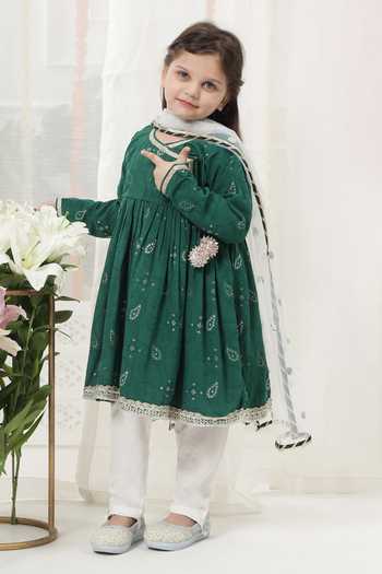 Little Bansi_Green Cotton Embroidered Kurta Set _at_Aza_Fashions