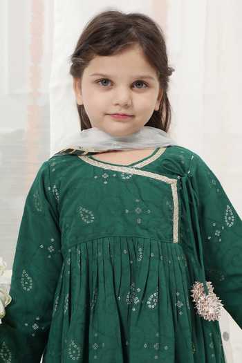 Shop_Little Bansi_Green Cotton Embroidered Kurta Set 