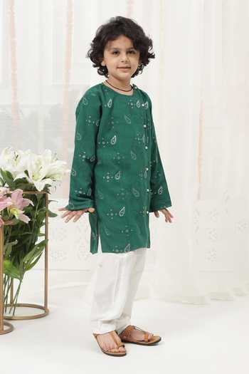 Shop_Little Bansi_Green Cotton Embroidered Kurta And Pyjama Set _Online_at_Aza_Fashions
