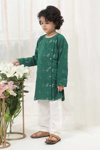 Little Bansi_Green Cotton Embroidered Kurta And Pyjama Set _at_Aza_Fashions