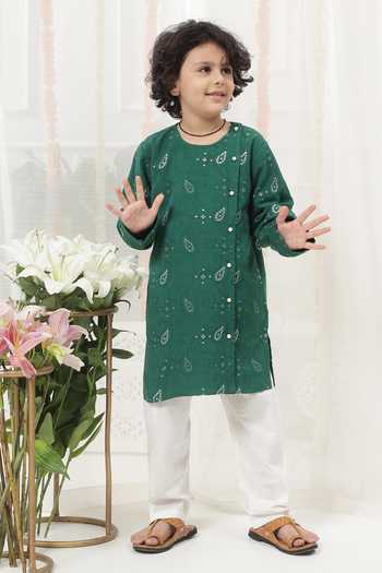 Buy_Little Bansi_Green Cotton Embroidered Kurta And Pyjama Set 