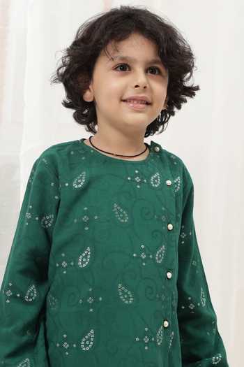 Shop_Little Bansi_Green Cotton Embroidered Kurta And Pyjama Set 