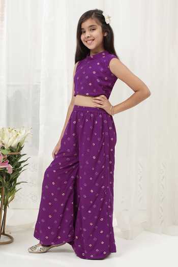 Little Bansi_Purple Cotton Embroidery Top And Palazzo Set _Online_at_Aza_Fashions