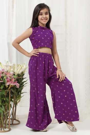 Shop_Little Bansi_Purple Cotton Embroidery Top And Palazzo Set _Online_at_Aza_Fashions