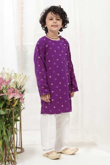 Little Bansi_Purple Cotton Embroidered Kurta And Pyjama Set _Online_at_Aza_Fashions