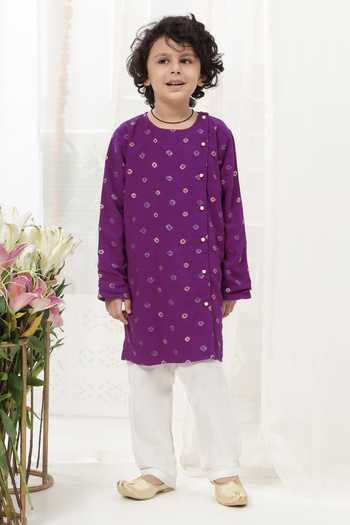 Buy_Little Bansi_Purple Cotton Embroidered Kurta And Pyjama Set _Online_at_Aza_Fashions