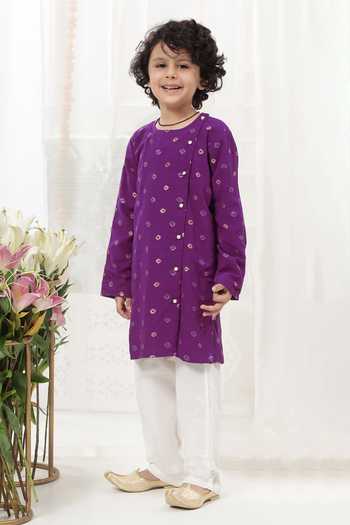 Shop_Little Bansi_Purple Cotton Embroidered Kurta And Pyjama Set _Online_at_Aza_Fashions