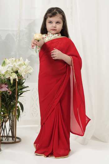 Buy_Little Bansi_Red Georgette, Brocade Embroidered Blouse And Saree Set _Online_at_Aza_Fashions