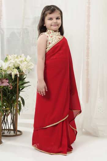 Shop_Little Bansi_Red Georgette, Brocade Embroidered Blouse And Saree Set _Online_at_Aza_Fashions