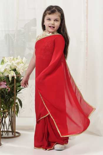 Little Bansi_Red Georgette, Brocade Embroidered Blouse And Saree Set _at_Aza_Fashions