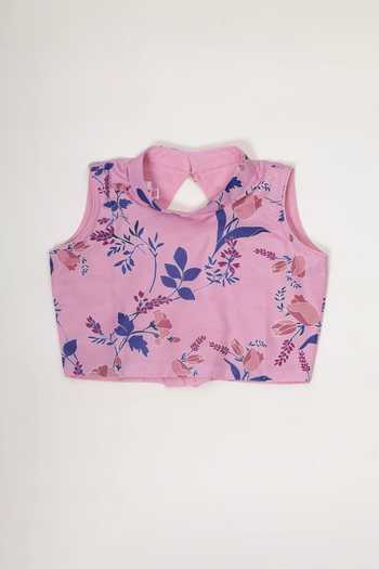 Little Bansi_Peach Georgette, Muslin Printed Saree And Blouse Set _Online_at_Aza_Fashions