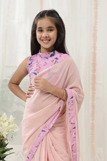 Shop_Little Bansi_Peach Georgette, Muslin Printed Saree And Blouse Set _Online_at_Aza_Fashions
