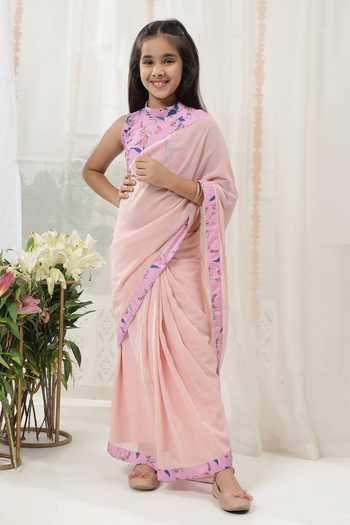 Little Bansi_Peach Georgette, Muslin Printed Saree And Blouse Set _at_Aza_Fashions