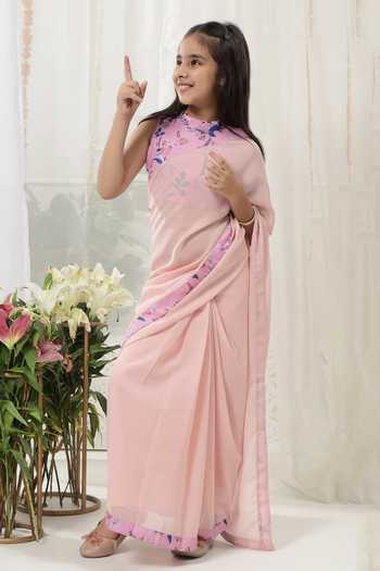Shop_Little Bansi_Peach Georgette, Muslin Printed Saree And Blouse Set 
