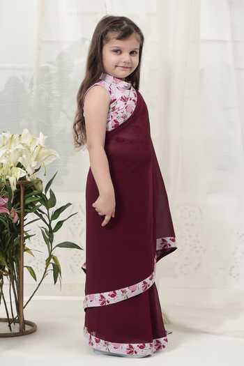 Shop_Little Bansi_Maroon Cotton, Georgette Floral Border Saree And Blouse Set _Online_at_Aza_Fashions