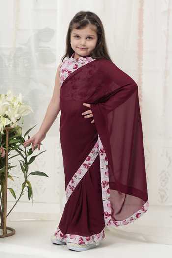 Little Bansi_Maroon Cotton, Georgette Floral Border Saree And Blouse Set _at_Aza_Fashions
