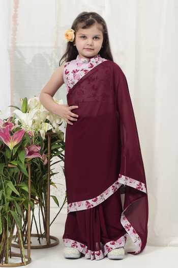 Buy_Little Bansi_Maroon Cotton, Georgette Floral Border Saree And Blouse Set 