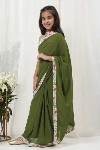 Buy_Little Bansi_Green Cotton, Georgette Saree And Sleeveless Blouse Set _Online_at_Aza_Fashions